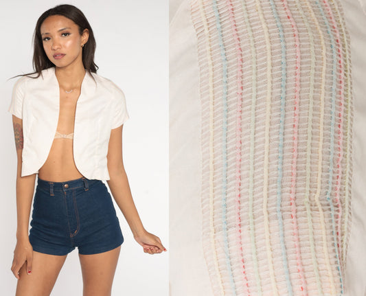 70s White Crop Top Rainbow Striped Short Sleeve Blouse Small S