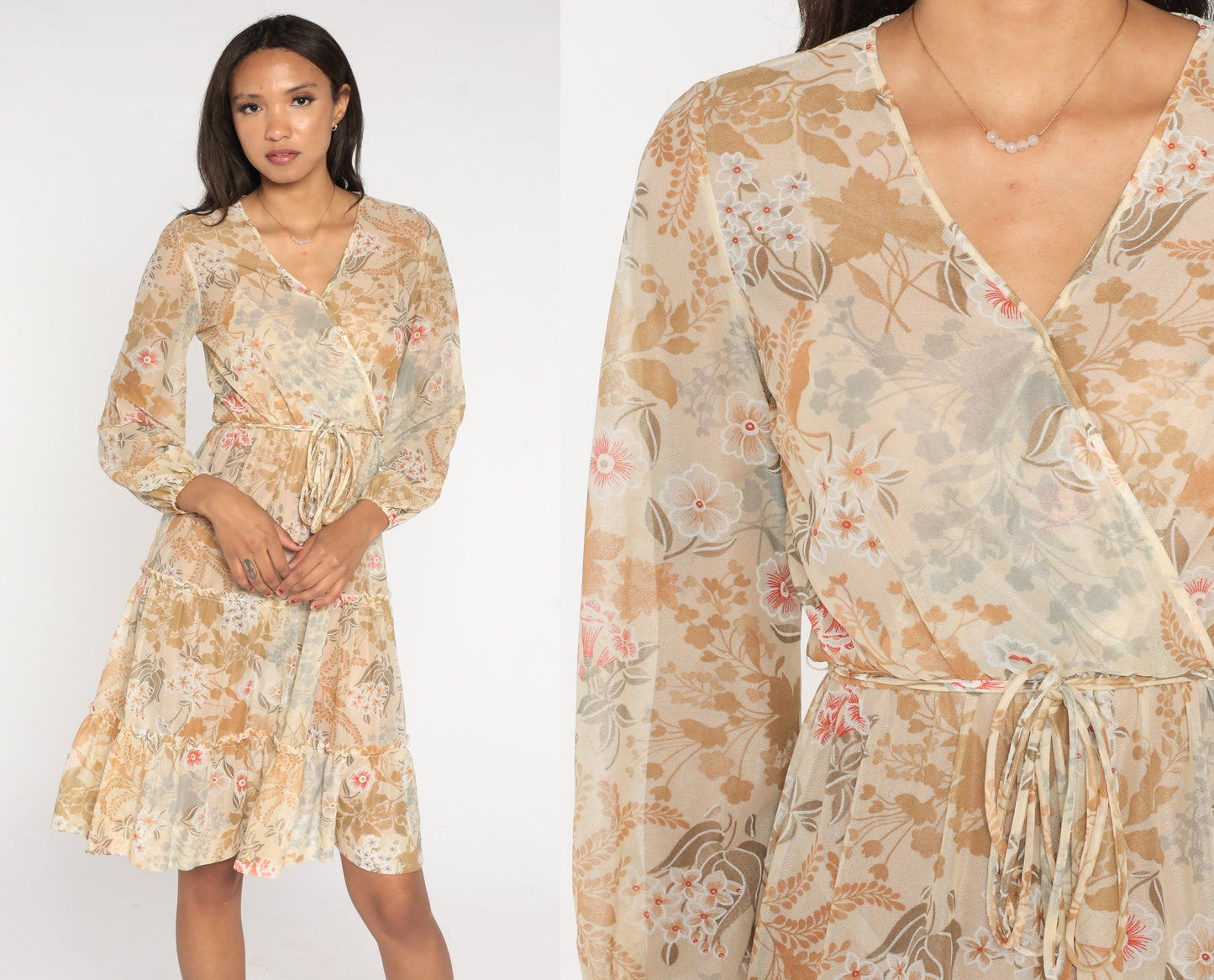 70s Sheer Floral Midi Dress Faux Wrap V Neck Tiered Long Sleeve Cream Small