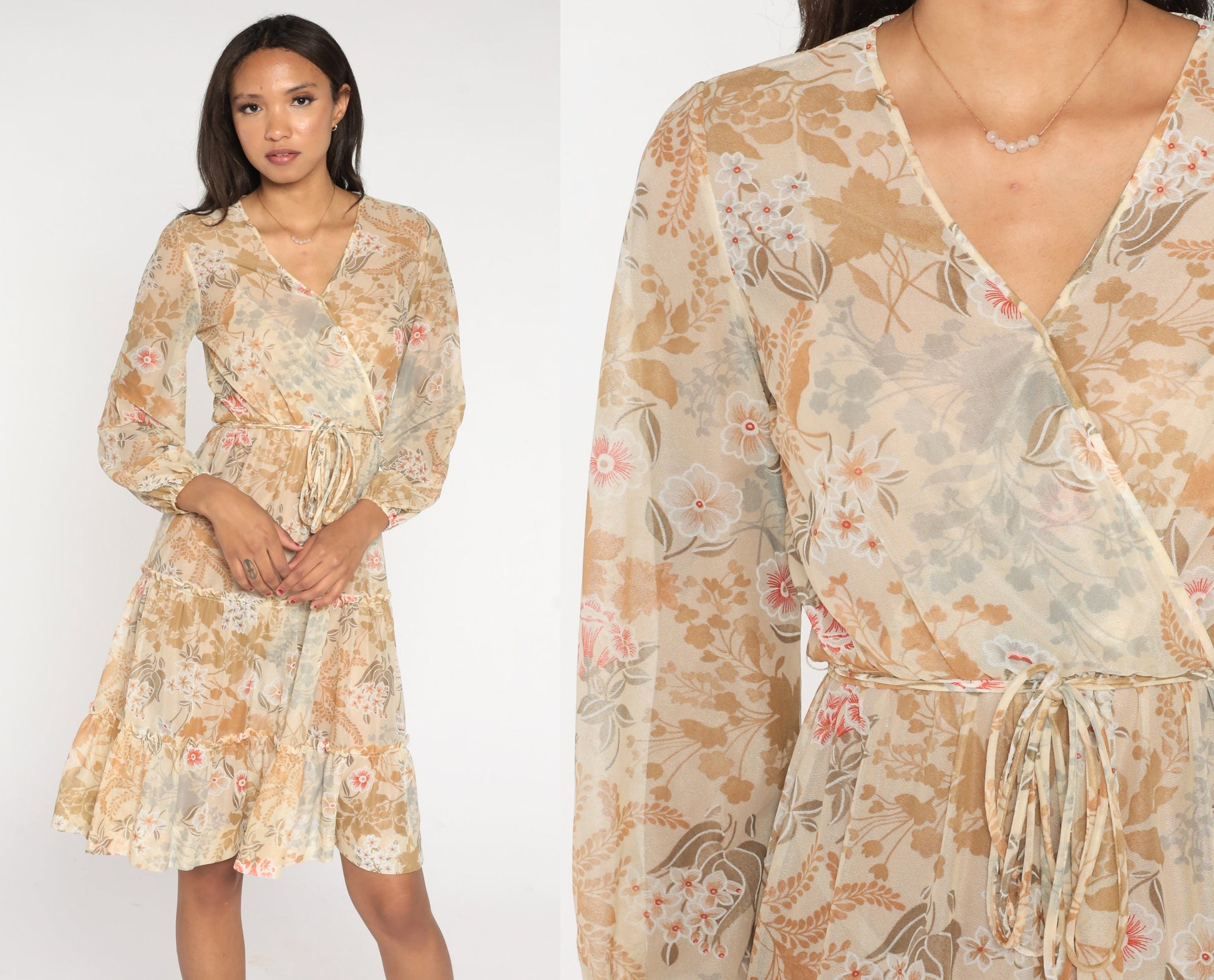 70s Sheer Floral Midi Dress Faux Wrap V Neck Tiered Long Sleeve Cream Small