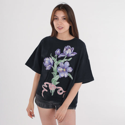 90s Black Floral Glitter T-Shirt Graphic Tee Bouquet Print Extra Large XL