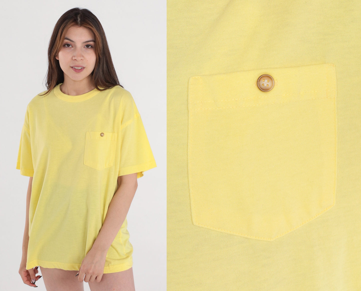 80s Yellow Pocket T-Shirt Cotton Blend Crewneck Medium M