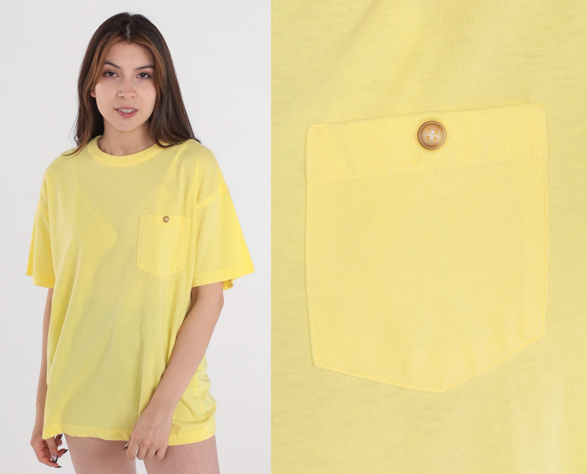 80s Yellow Pocket T-Shirt Cotton Blend Crewneck Medium M