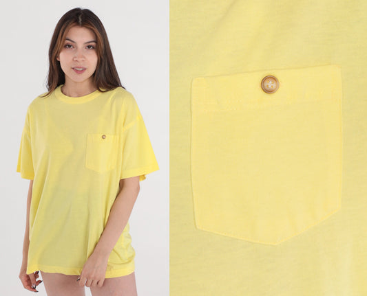 80s Yellow Pocket T-Shirt Cotton Blend Crewneck Medium M