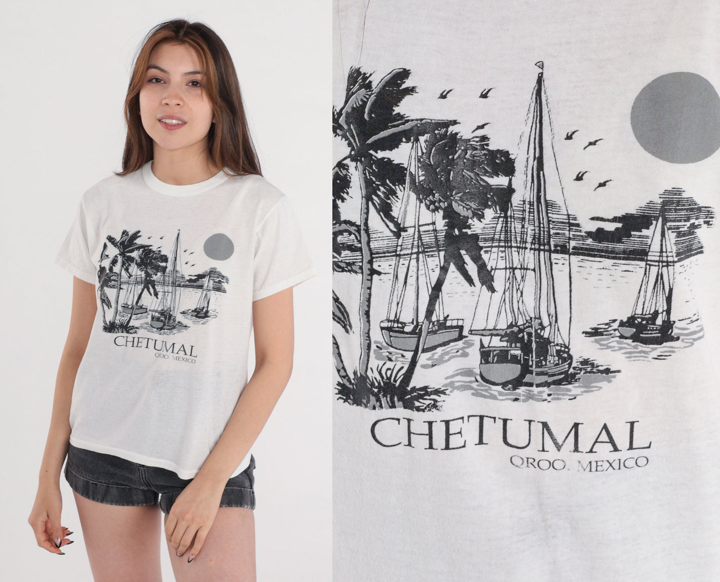 Y2K Chetumal Mexico Sailboat Graphic T-Shirt White Medium