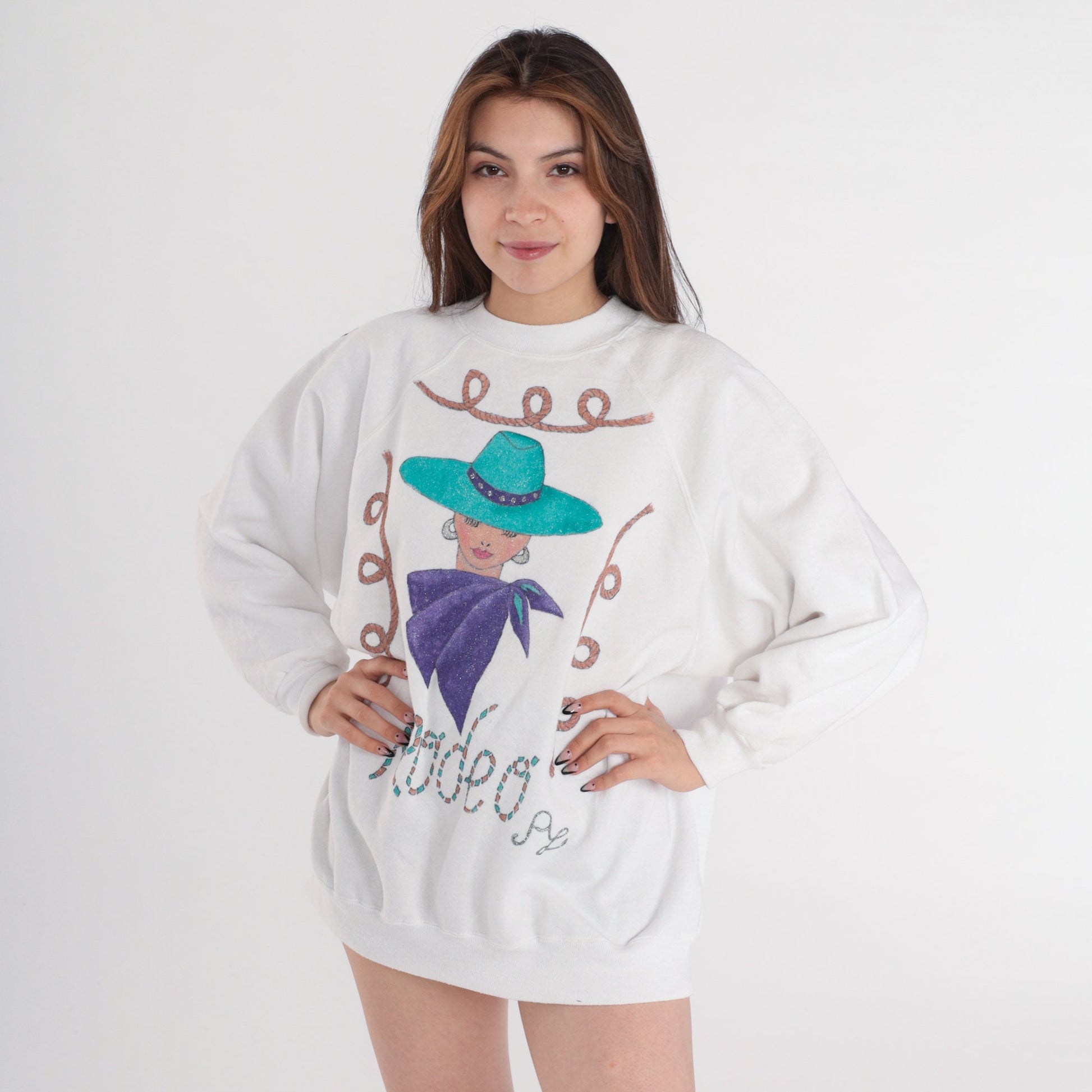 90s Rodeo Cowgirl Glitter Sweatshirt White Raglan Crewneck Pullover Extra Extra Large XXL