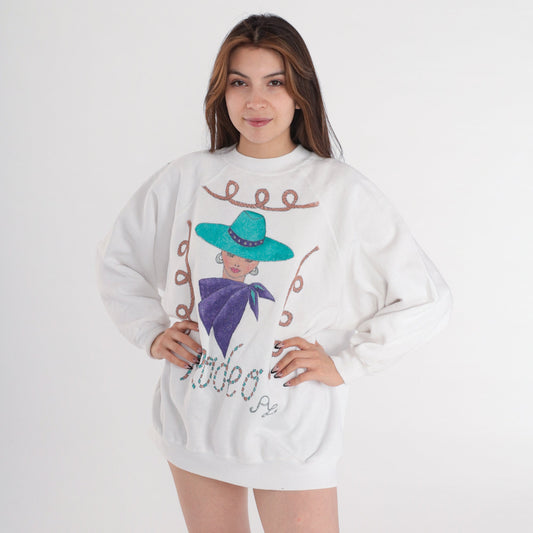 90s Rodeo Cowgirl Glitter Sweatshirt White Raglan Crewneck Pullover Extra Extra Large XXL