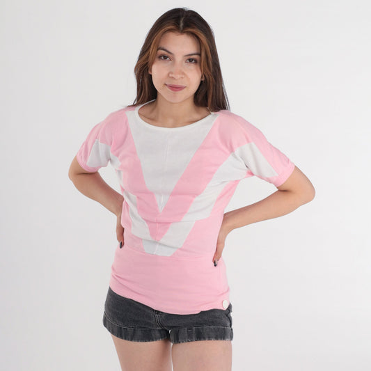 80s Fame Pink White Chevron Striped T-Shirt Banded Hem Extra Small
