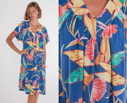80s Hawaiian Tent Dress Blue Tropical Floral Midi Short Sleeve Extra Large