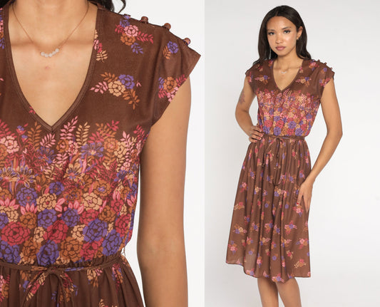 70s Floral Midi Dress Brown Semi-Sheer Deep V Neck Cap Sleeve High Waist Medium