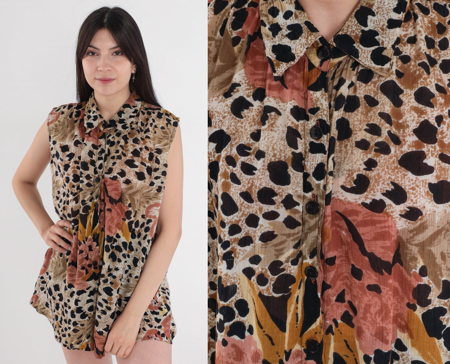 90s Leopard & Tropical Leaf Print Sleeveless Blouse Brown Rayon Medium