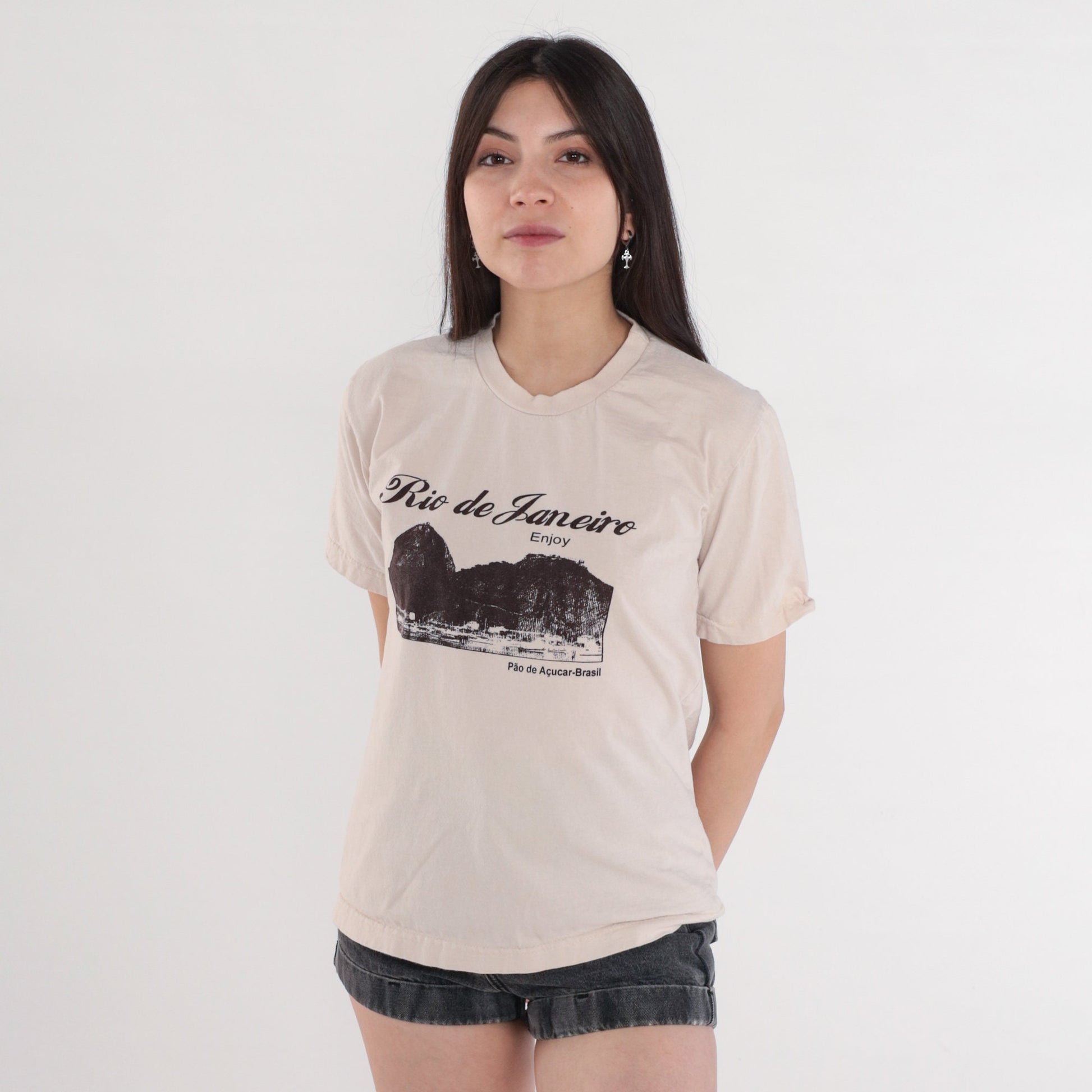 Y2K Rio de Janeiro Brazil Graphic T-Shirt Beige Cotton Tee Small