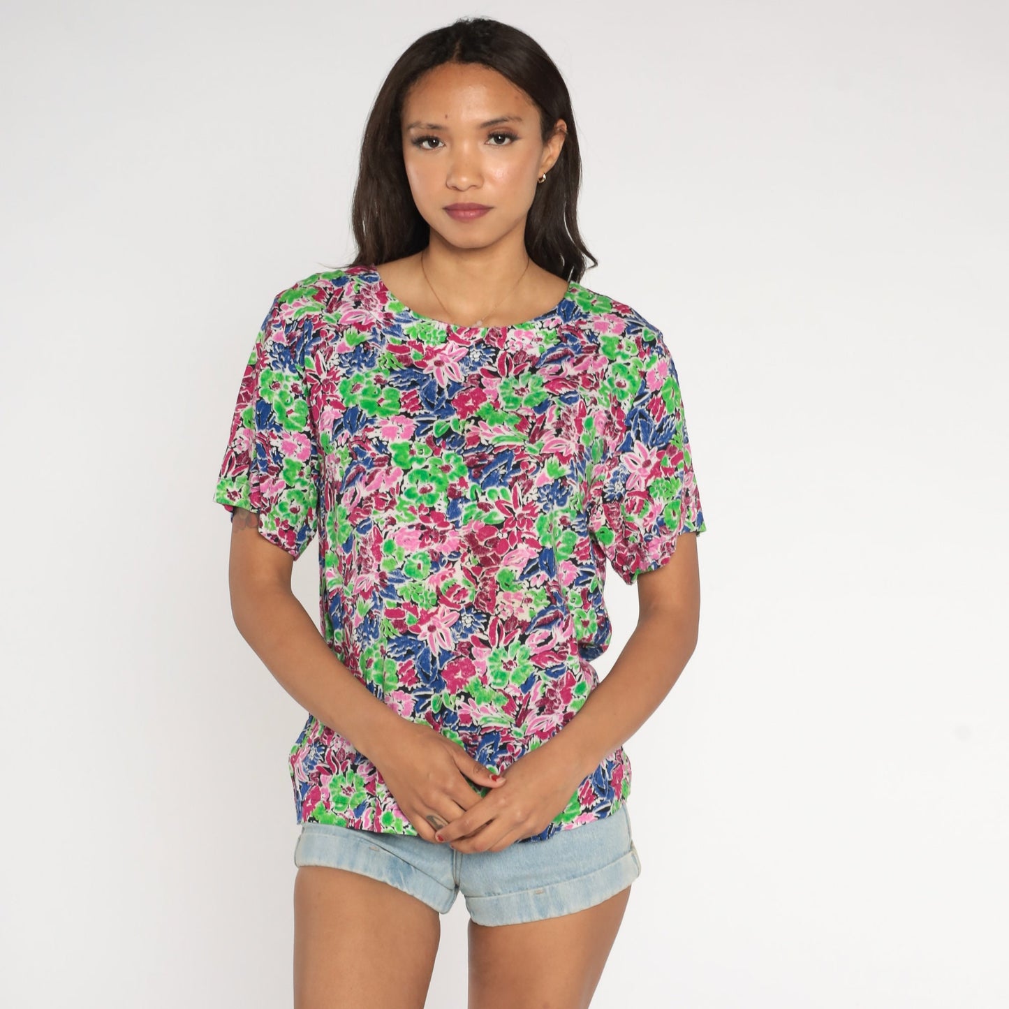 90s Floral Rayon Blouse Short Sleeve Pullover Top Neon Green Pink Purple Small S