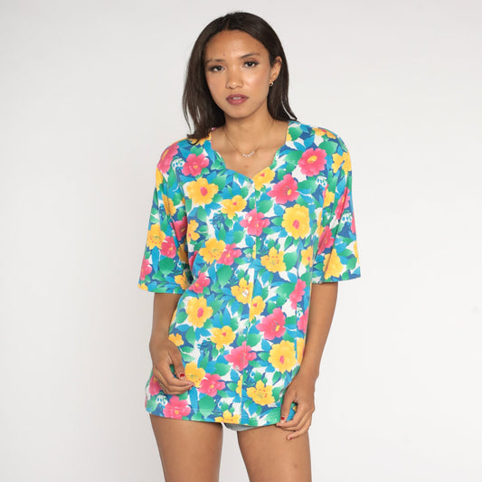 90s Floral Button Up Blouse Scalloped Neckline Short Sleeve Pink Yellow Blue Large L