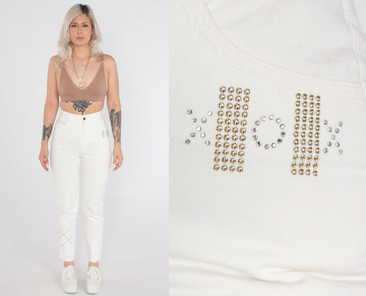 00s White Skinny Jeans XO Studded Rhinestone High Rise Cotton Small