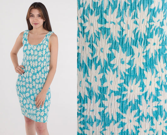 90s Blue Floral Daisy Smocked Mini Dress Sleeveless Sheath Small Medium