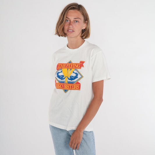 90s The Flying Logo Sisters Circus Graphic T-Shirt White Single Stitch Small