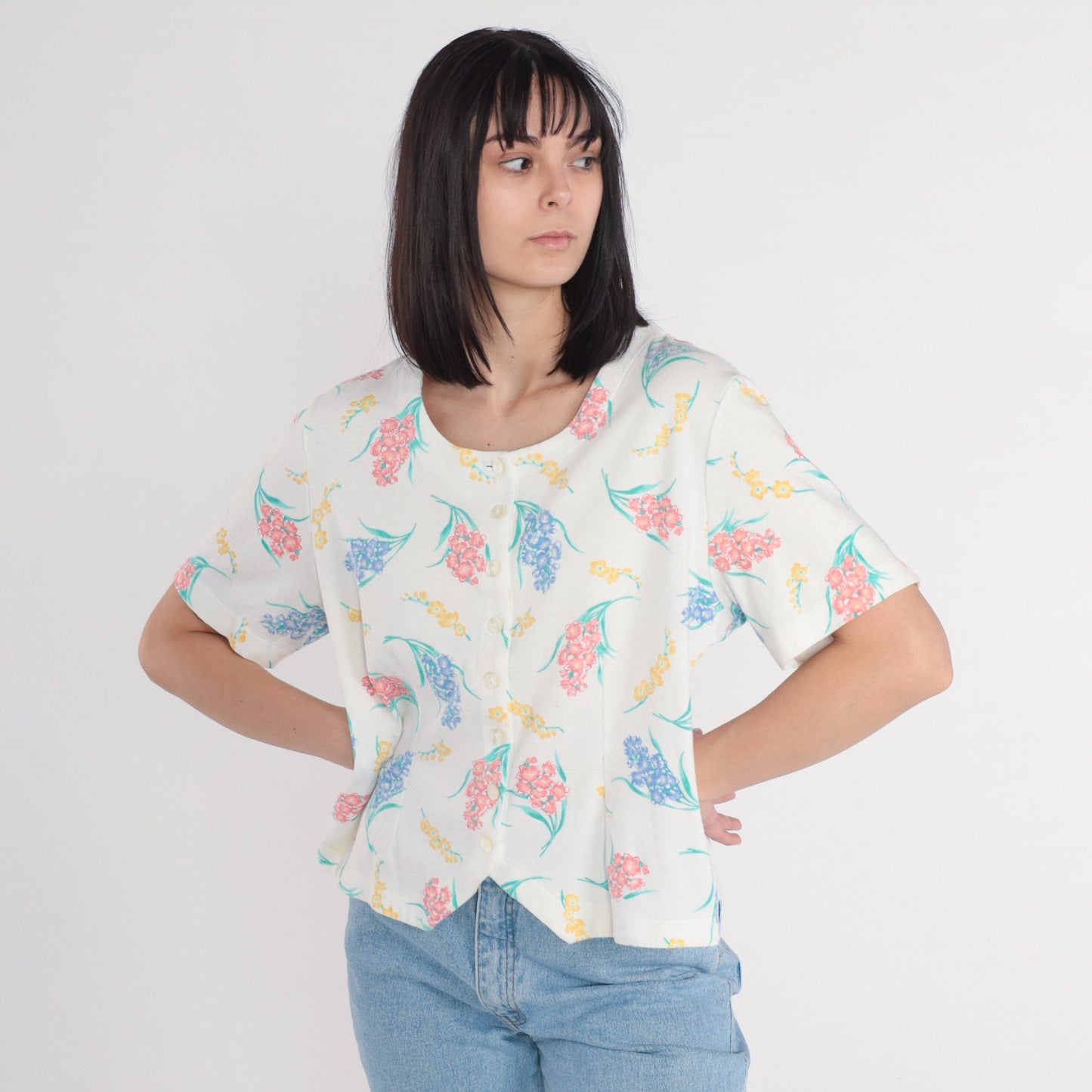 80s Jaclyn Smith Sport White Floral Button-Up Blouse Short Sleeve Large L