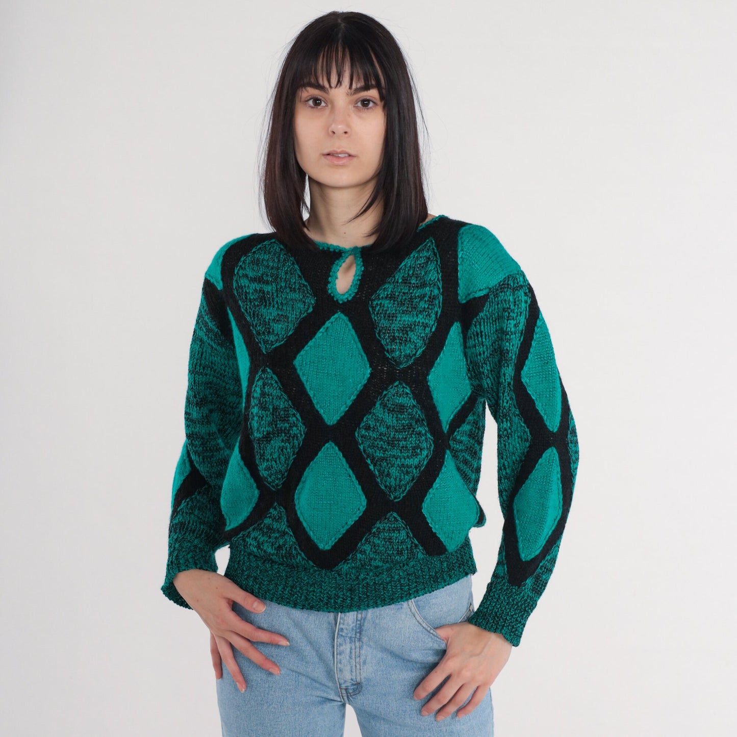 80s Diamond Sweater Black Green Keyhole Cutout Wool Blend Pullover Large
