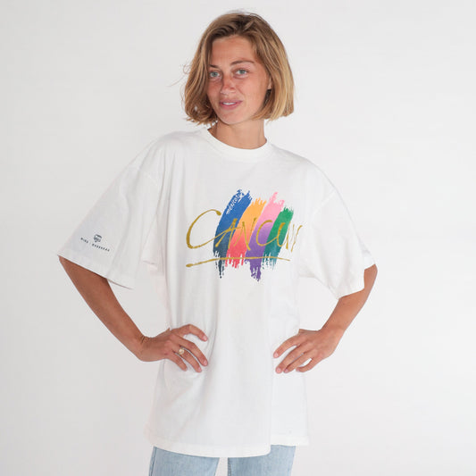 90s Cancun Mexico Graphic T-Shirt White Brushstroke XXL