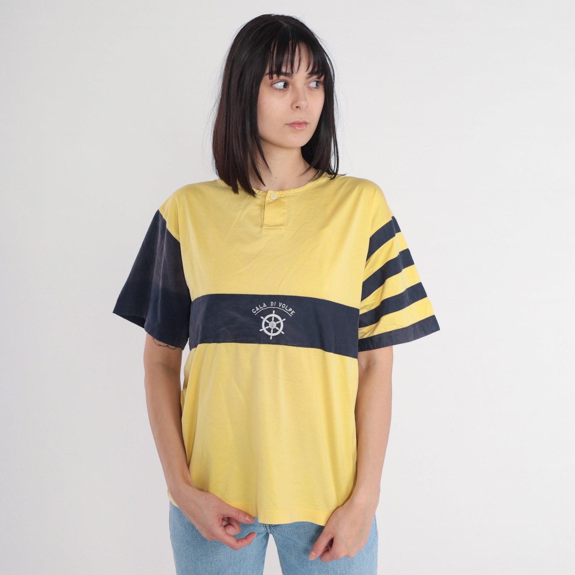80s Cala Di Volpe Striped Henley Tee Yellow Navy Ships Helm Embroidered Large