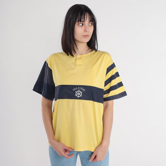 80s Cala Di Volpe Striped Henley Tee Yellow Navy Ships Helm Embroidered Large