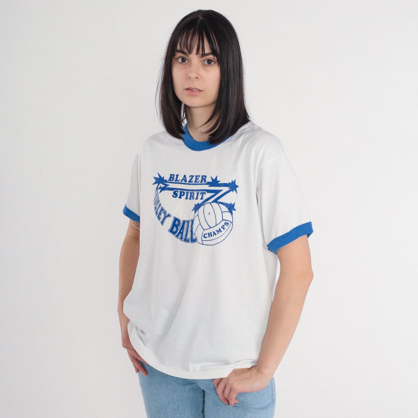 90s Screen Stars UAB Volleyball Ringer Tee White Blue Trim Extra Large XL
