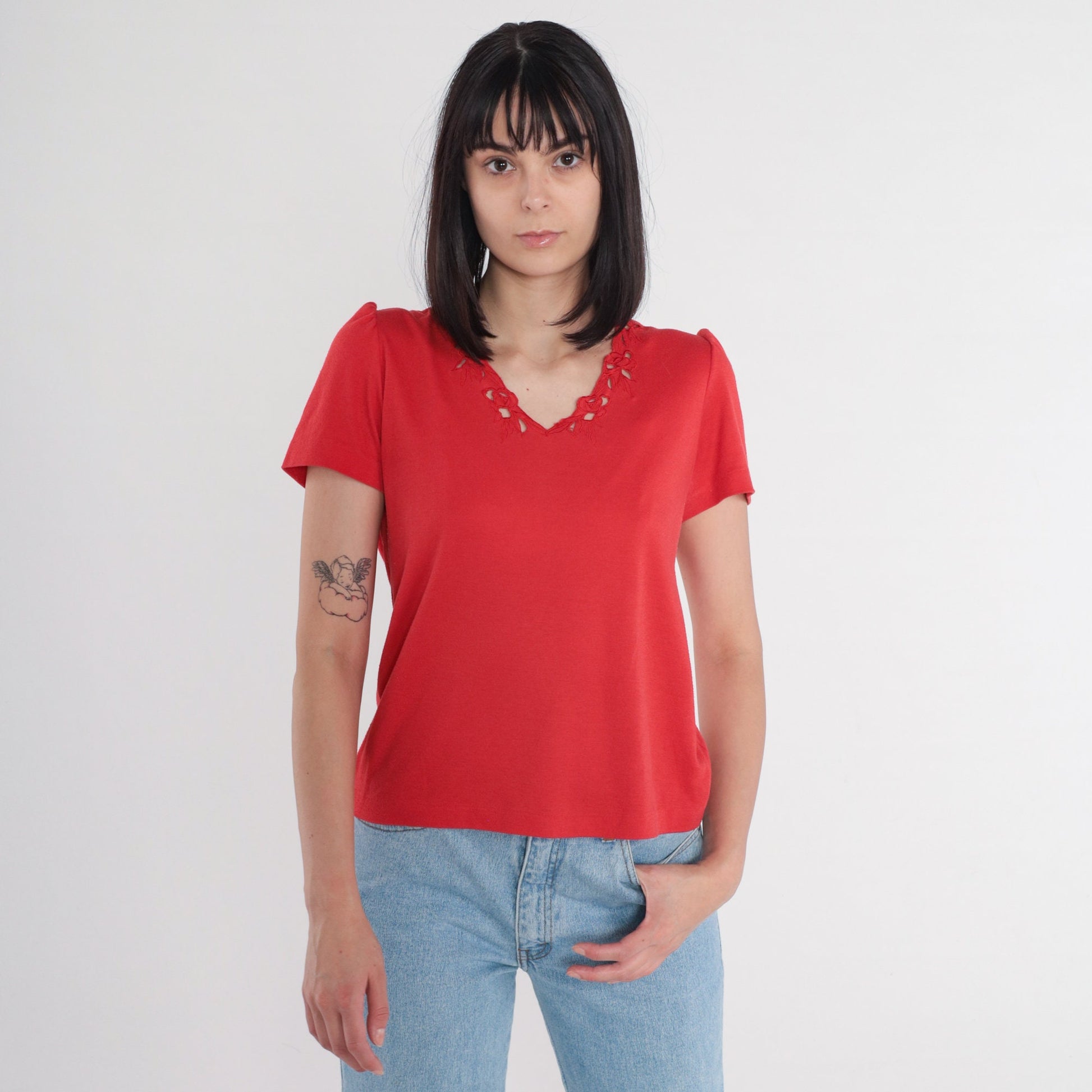 90s Red Floral Cutwork Blouse Puff Sleeve V-Neck Medium