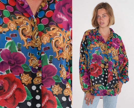 90s Express Baroque Floral Polka Dot Button-Up Blouse Long Sleeve Medium