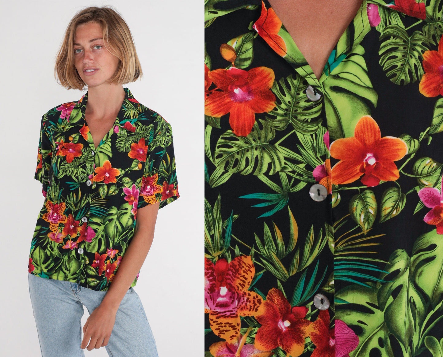 90s Tropical Floral Button-Up Blouse Black Hibiscus Short Sleeve Medium