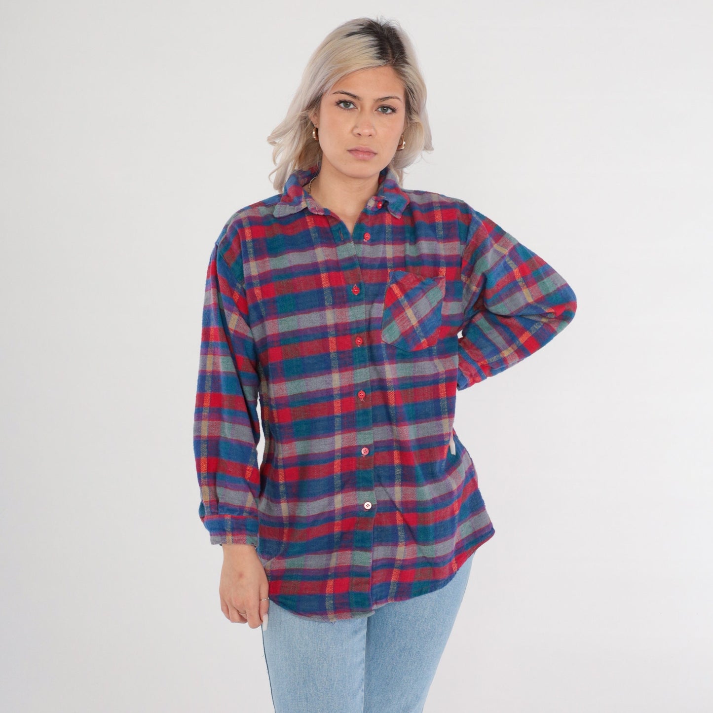 90s Plaid Cotton Flannel Shirt Button Up Long Sleeve Medium
