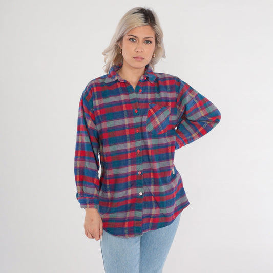 90s Plaid Cotton Flannel Shirt Button Up Long Sleeve Medium