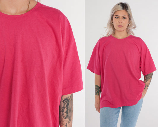 90s Hot Pink Plain Cotton T-Shirt Short Sleeve Solid Tee Extra Large