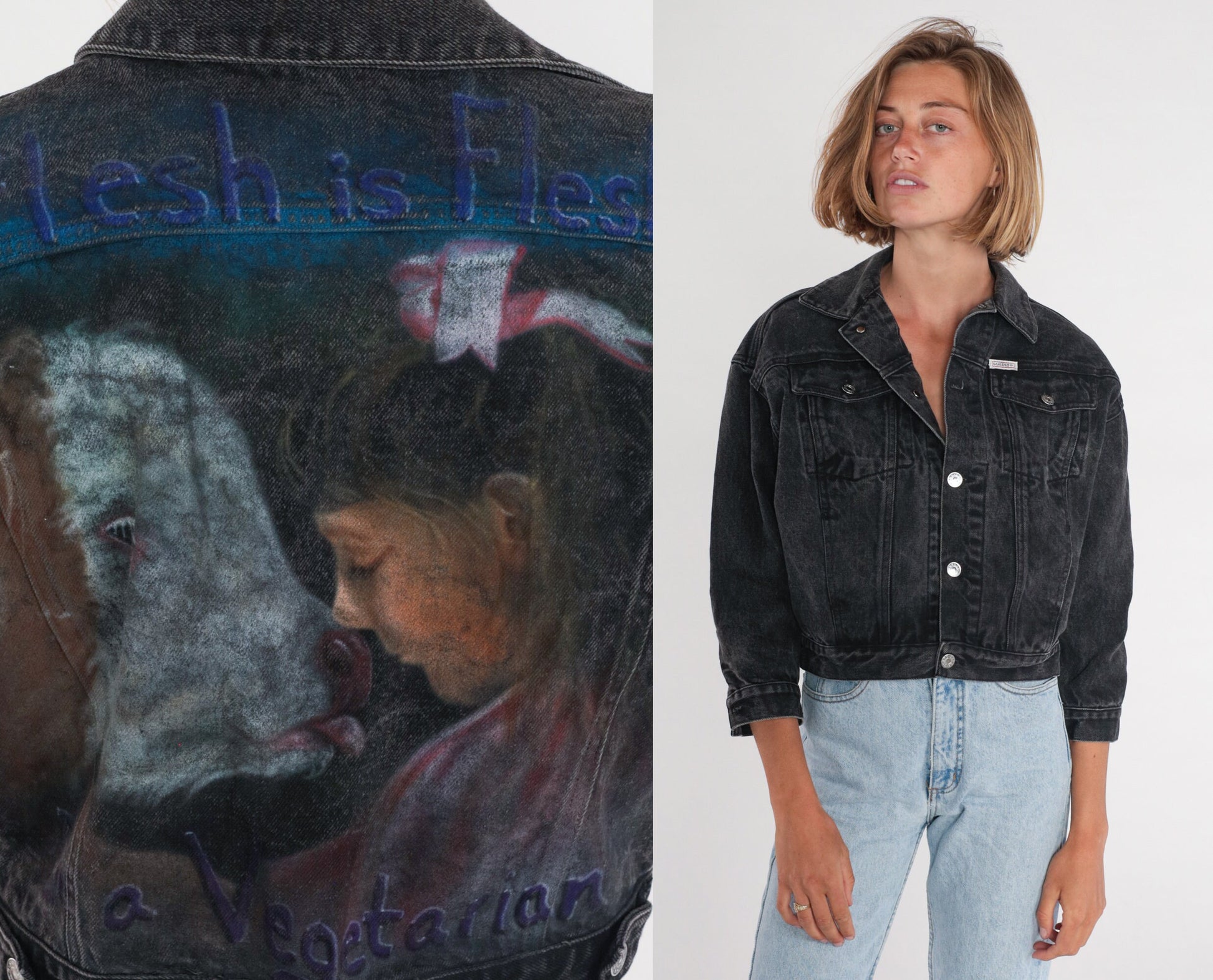 90s Guess Black Denim Jacket Cropped Airbrushed Vegetarian Print Medium