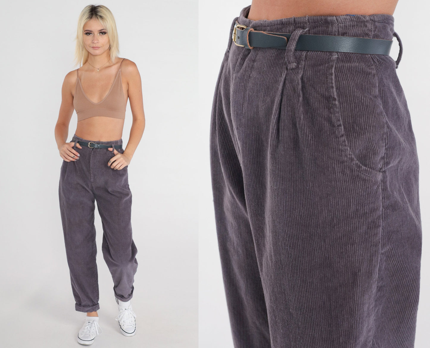 80s Purple Corduroy High-Waist Pleated Tapered Trousers Extra Small