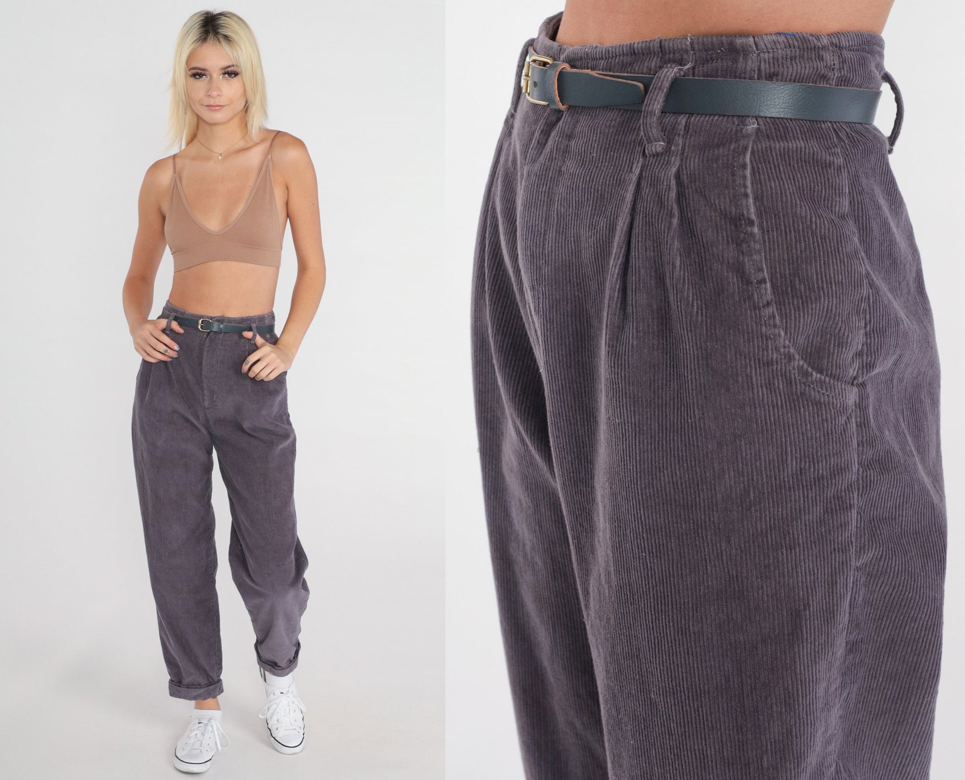 80s Purple Corduroy High-Waist Pleated Tapered Trousers Extra Small