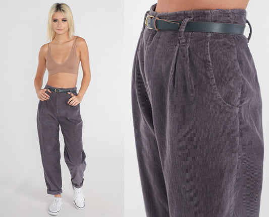 80s Purple Corduroy High-Waist Pleated Tapered Trousers Extra Small