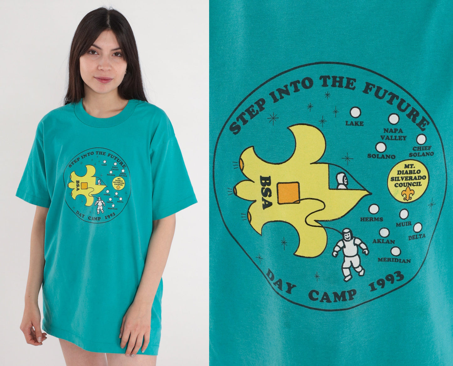 1993 Boy Scouts Mount Diablo Silverado Council Space Day Camp T-Shirt Green Large