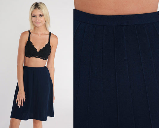 70s Navy Blue Mini Skirt High Waist A-Line Pleated Extra Small