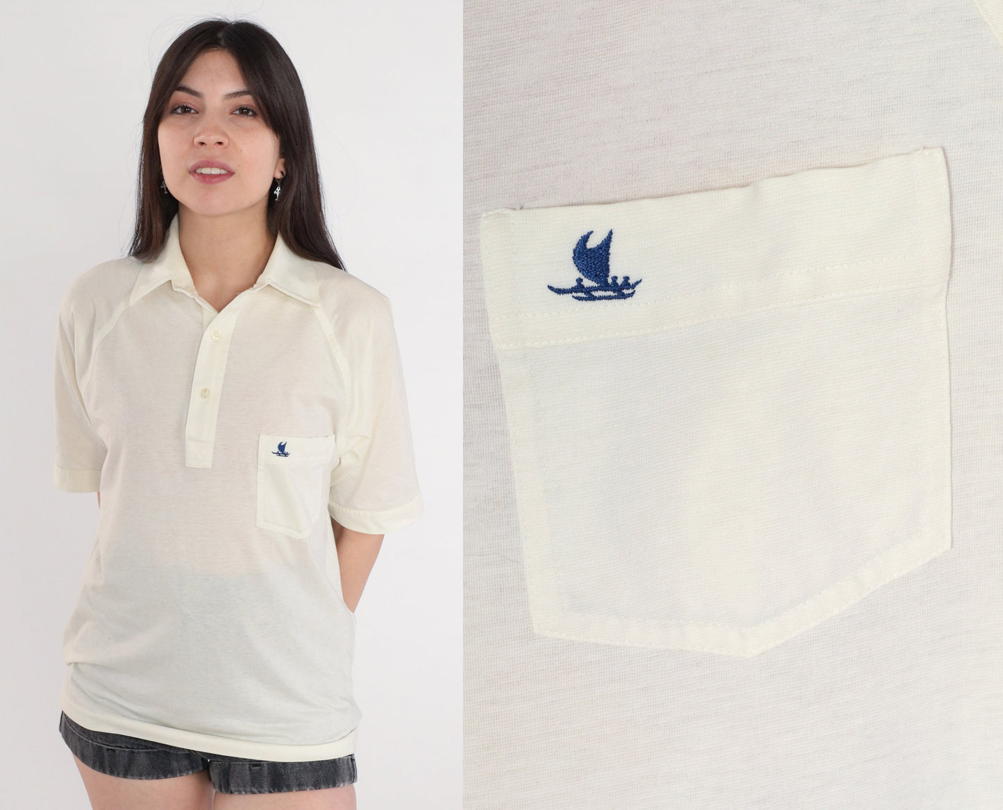 80s Tori Richard Catamaran Polo Shirt Off-White Collared Raglan Medium