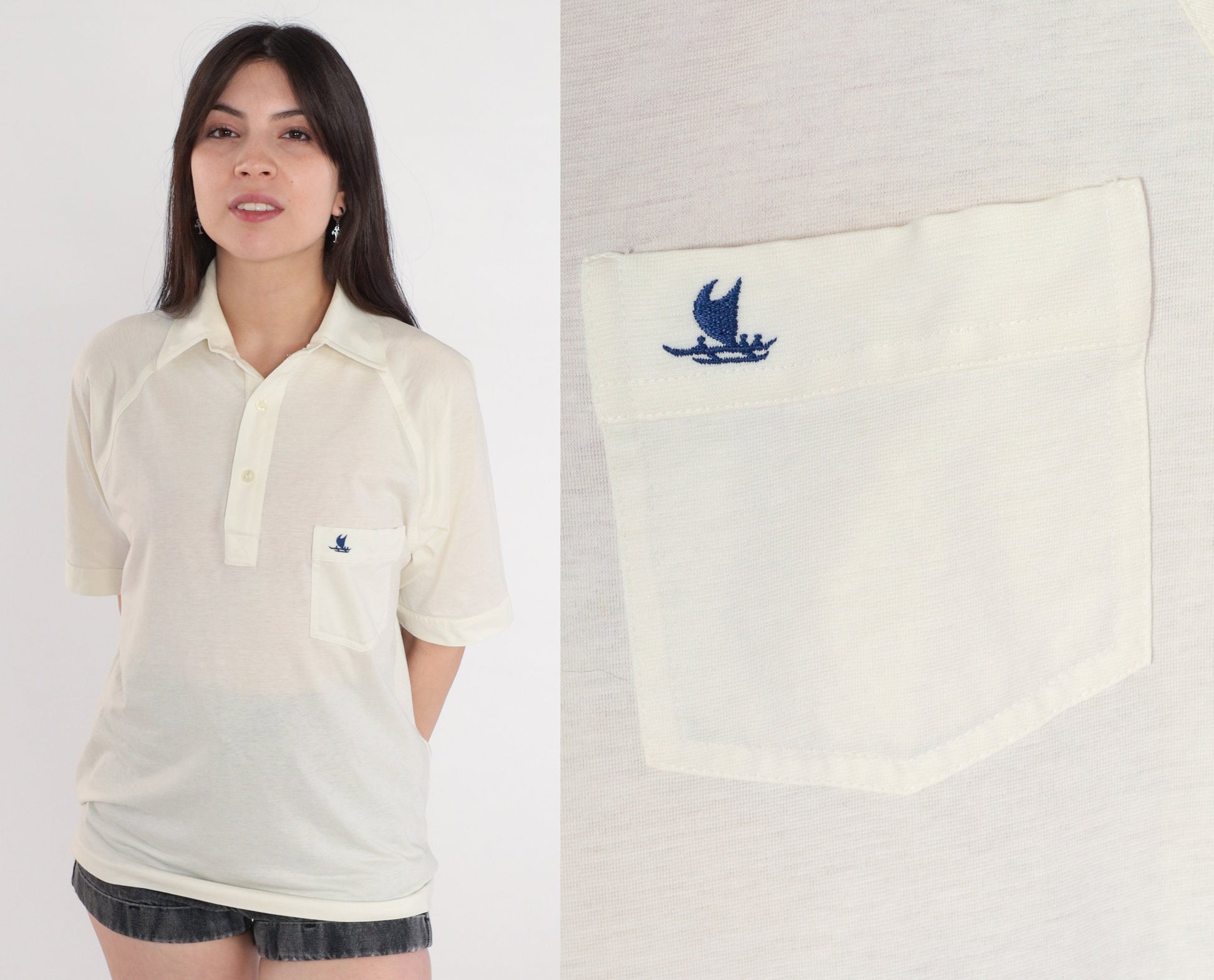 80s Tori Richard Catamaran Polo Shirt Off-White Collared Raglan Medium