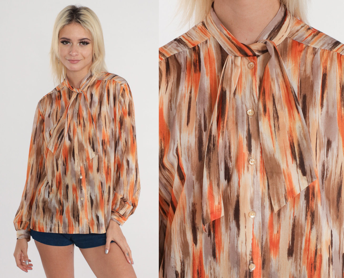 70s Ascot Blouse Brushstroke Print Button-Up Long Sleeve Orange Brown Medium