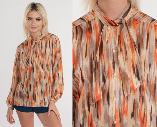 70s Ascot Blouse Brushstroke Print Button-Up Long Sleeve Orange Brown Medium