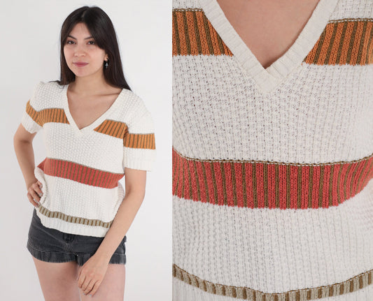 80s Striped V-Neck Knit Sweater Top White Red Orange Olive Small
