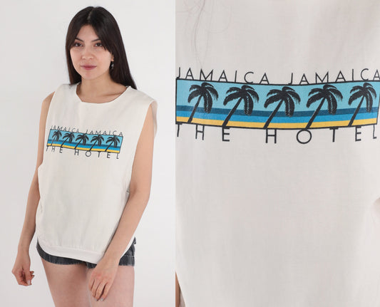 90s Jamaica Hotel Palm Tree Tank Top Graphic Sleeveless Sweatshirt Medium