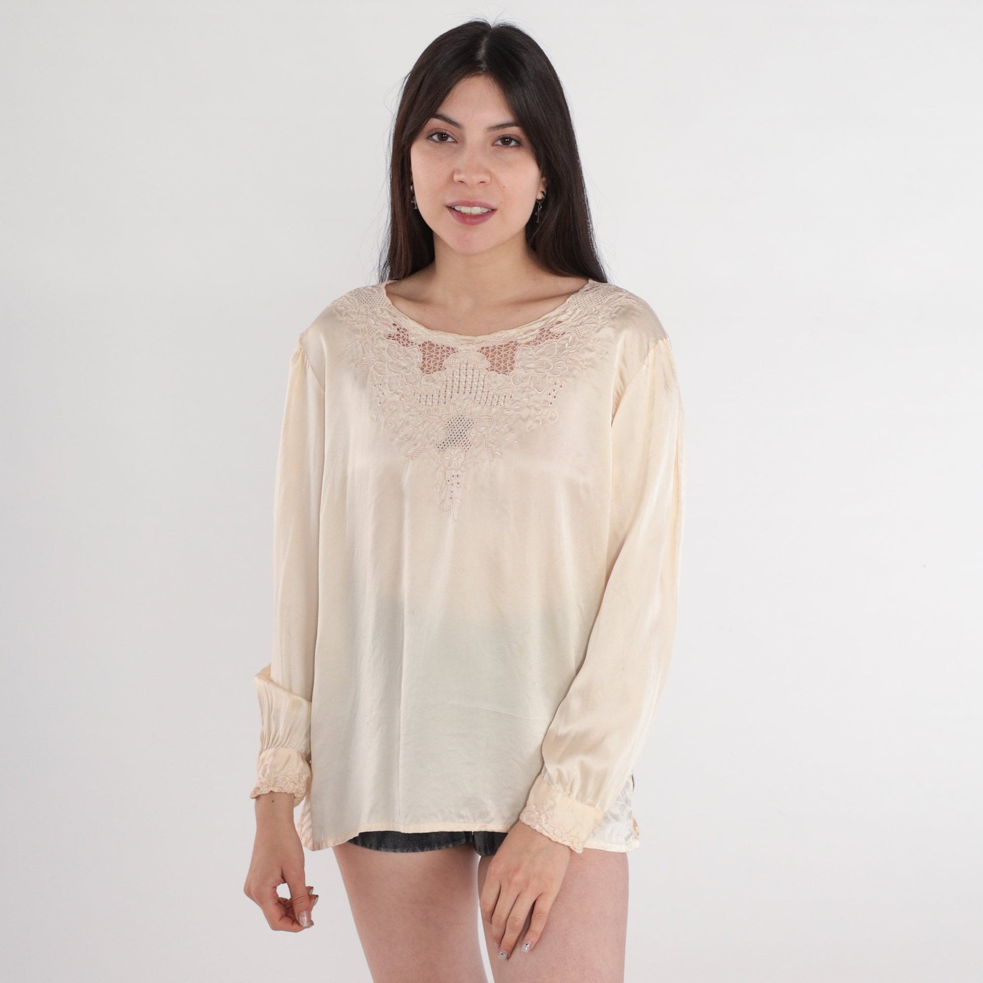 80s Cream Floral Embroidered Cutout Blouse Pink Flowers Medium