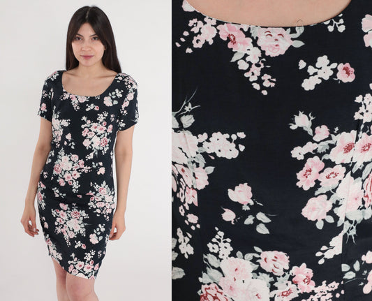 90s All That Jazz Floral Mini Dress Black Bodycon Short Sleeve Small