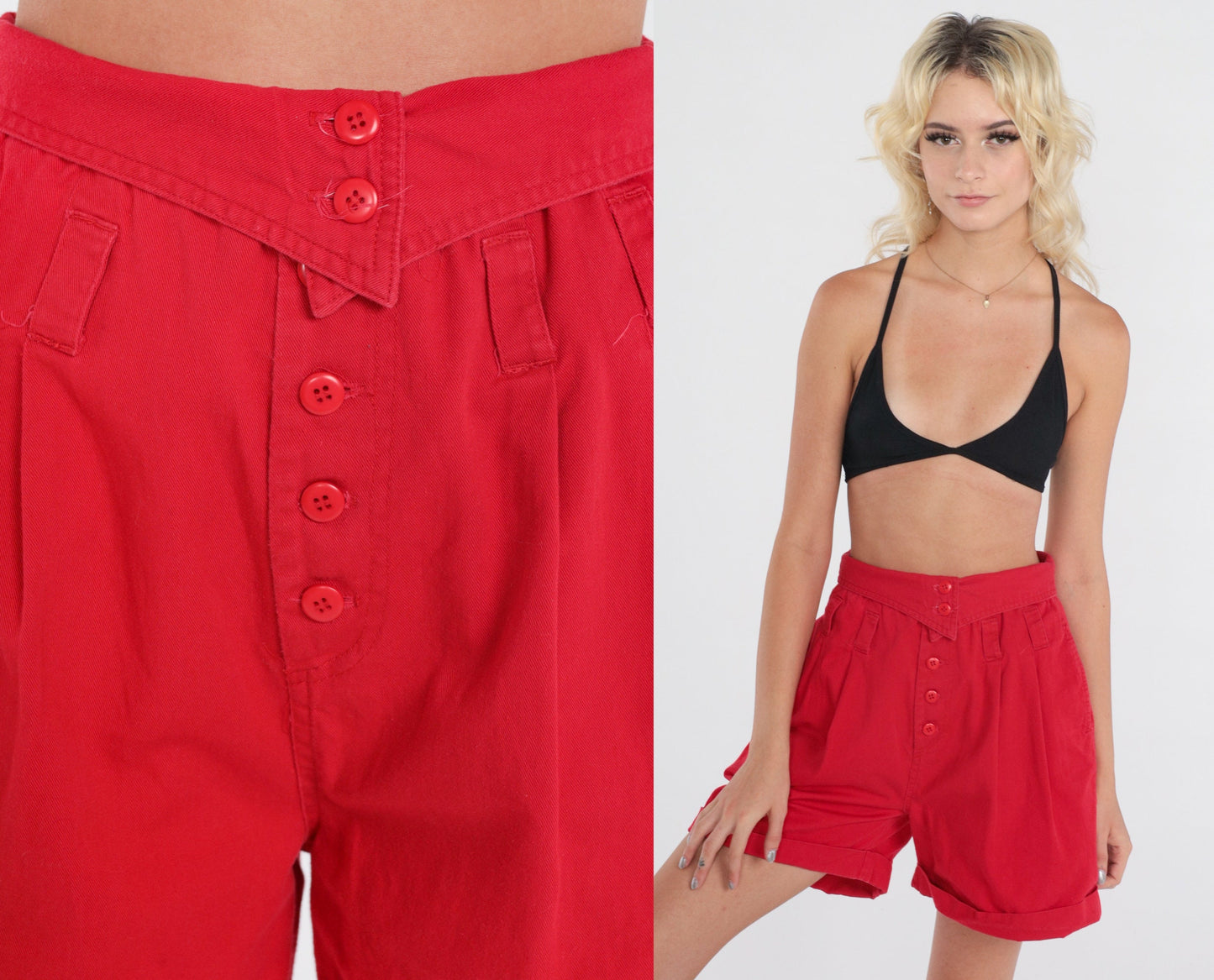 80s Red Cotton Pleated High-Waist Shorts Ultra Short Inseam Extra Small