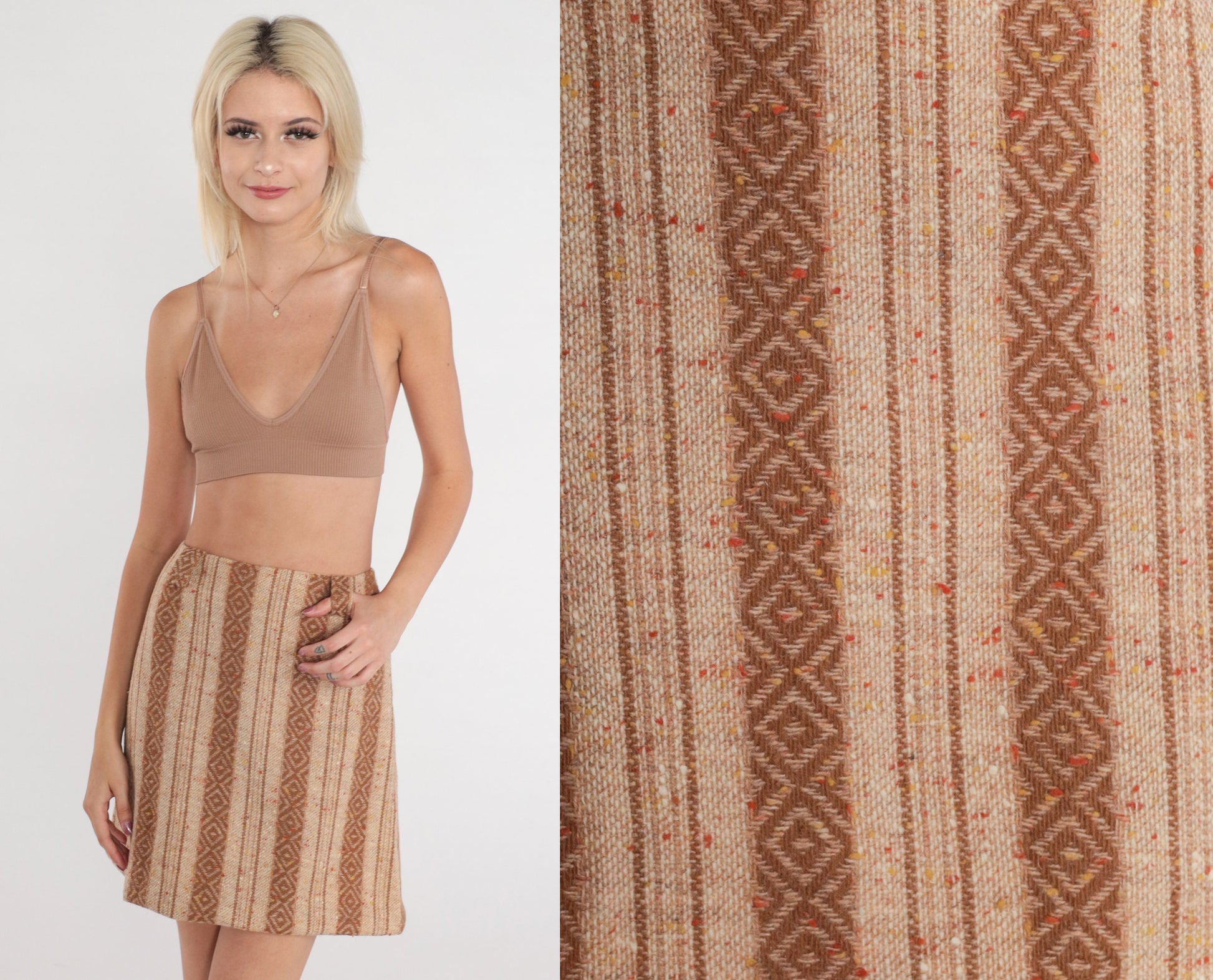 70s Brown Striped Mini Skirt High Waisted Knit Extra Small