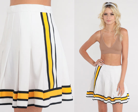90s White Pleated Mini Skirt Yellow Black Striped High Waisted Small
