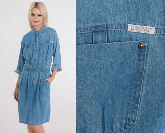 80s Dreams Blue Denim Button-Up Shirtdress Knee Length Cotton Medium